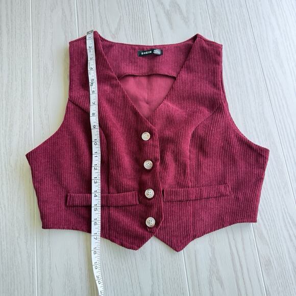 Shein Velvet Maroon Ribbed Sleeveless Vest Top Button Detail Petite Large - Picture 2 of 5